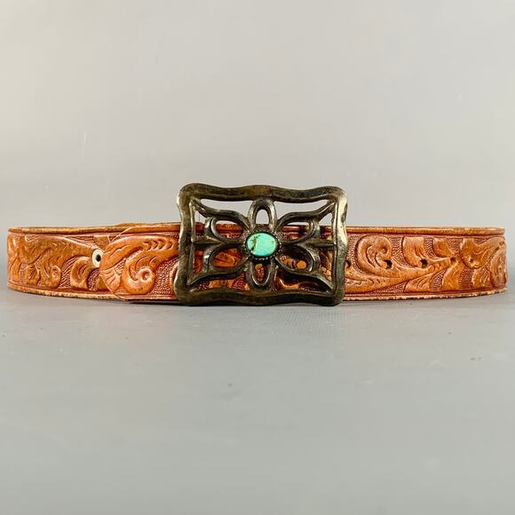 VINTAGE Size M Brown Silver Embossed Leather Western Belt main image 7